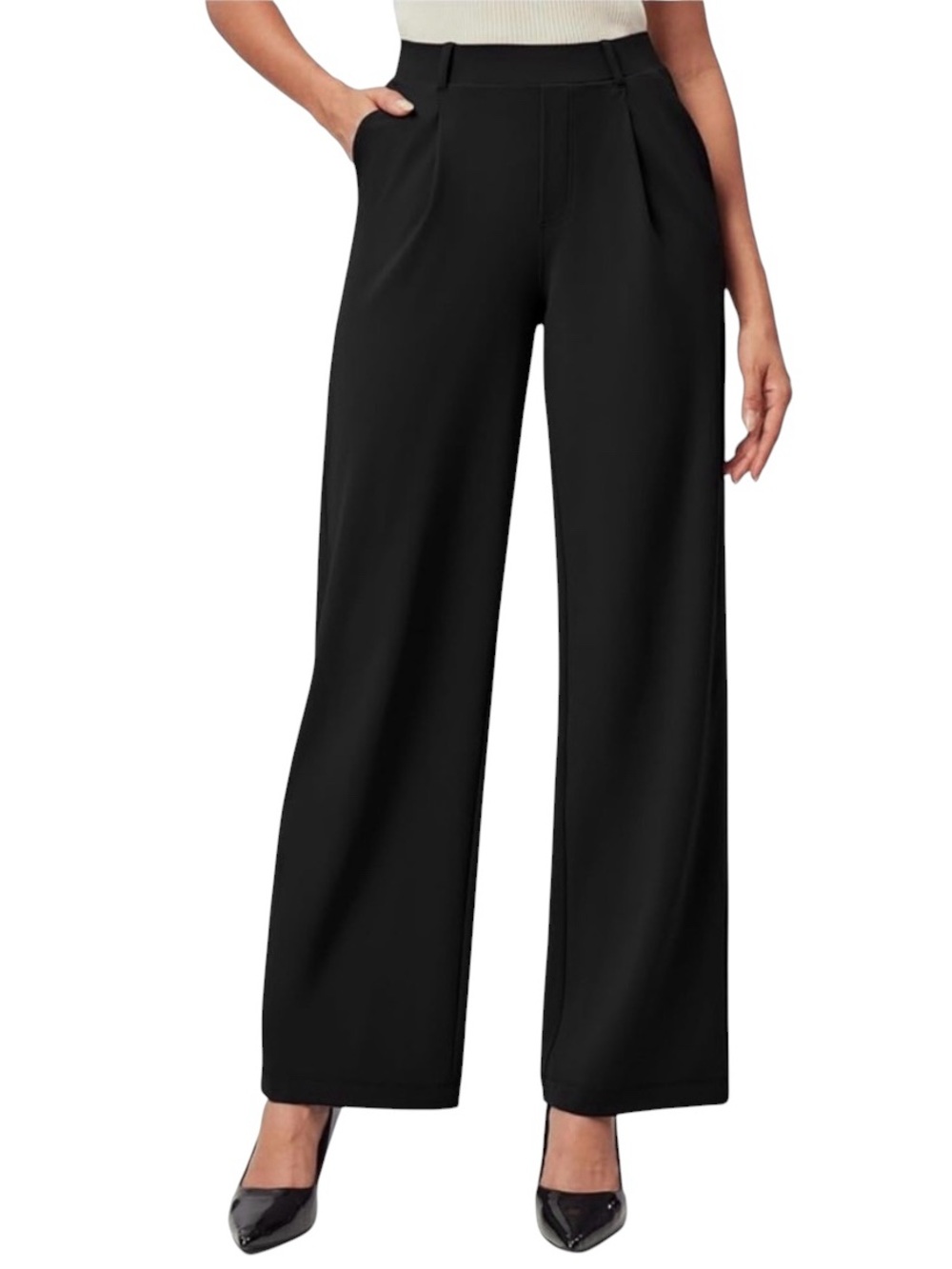 IUGA | Women Black Wide Leg Pull On Dress Pants size SP High Rise Stretch Petite